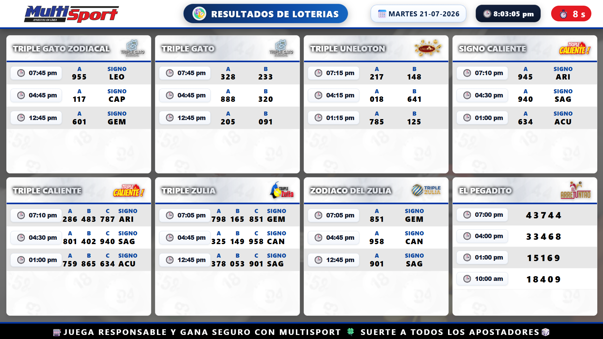 Pantalla de Loterías